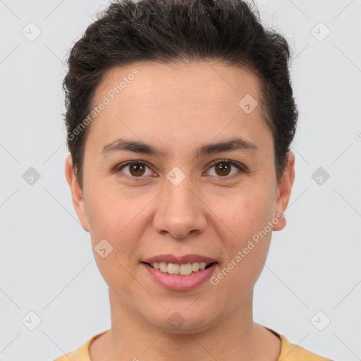 Joyful white young-adult female with short  brown hair and brown eyes