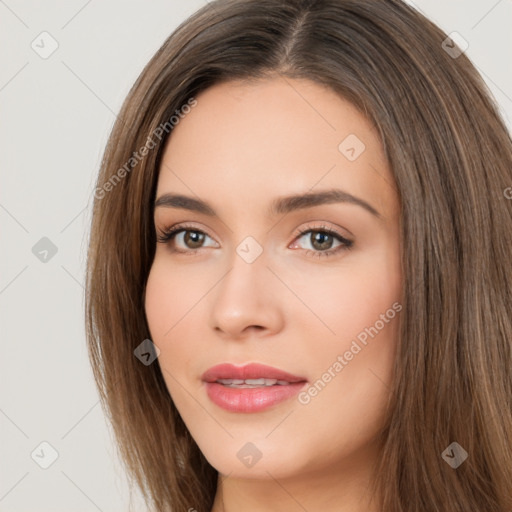 Neutral white young-adult female with long  brown hair and brown eyes