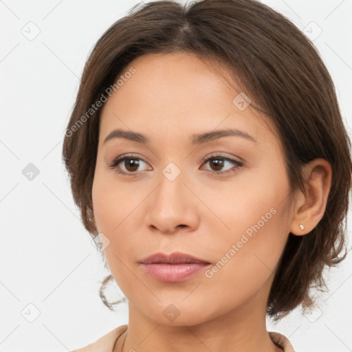 Neutral white young-adult female with medium  brown hair and brown eyes