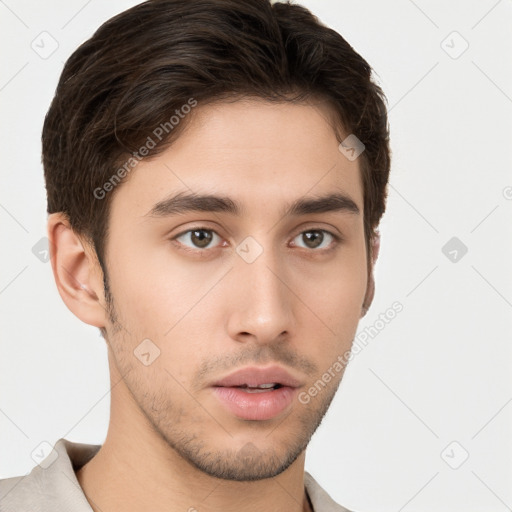 Neutral white young-adult male with short  brown hair and brown eyes