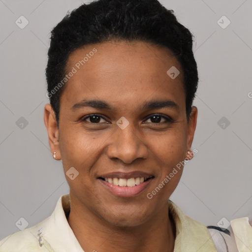 Joyful latino young-adult male with short  black hair and brown eyes