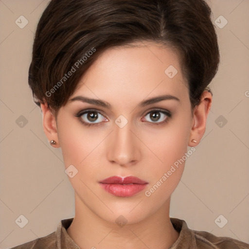 Neutral white young-adult female with short  brown hair and brown eyes