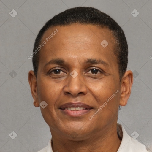 Joyful latino adult male with short  brown hair and brown eyes