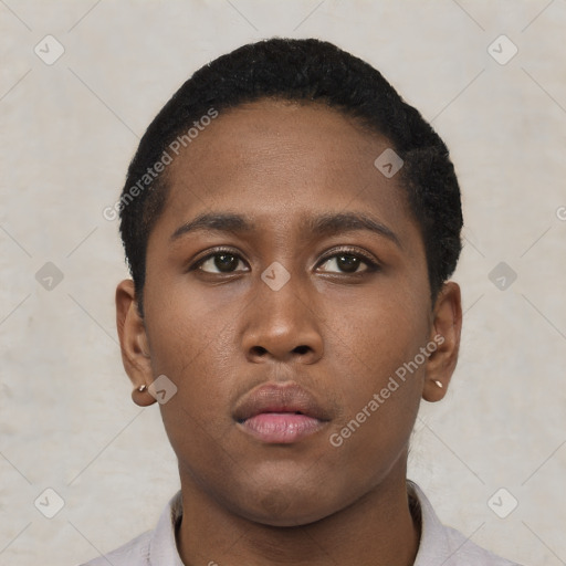 Neutral black young-adult male with short  black hair and brown eyes