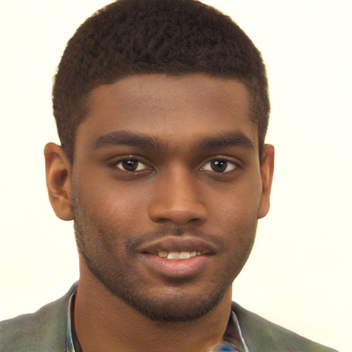 Joyful black young-adult male with short  brown hair and brown eyes