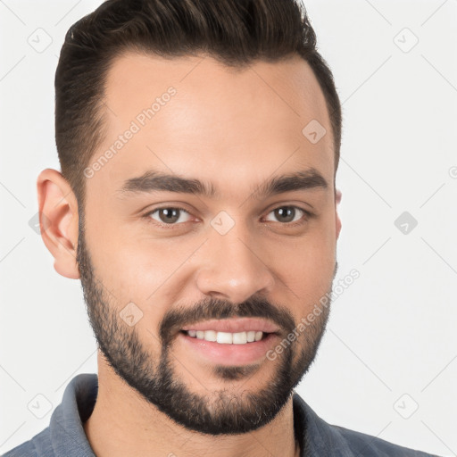 Joyful white young-adult male with short  brown hair and brown eyes