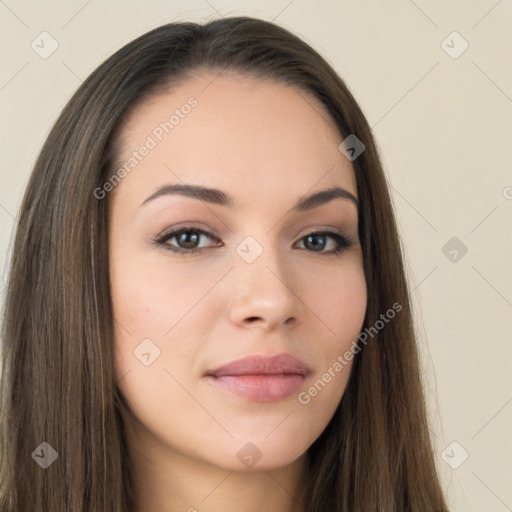 Neutral white young-adult female with long  brown hair and brown eyes