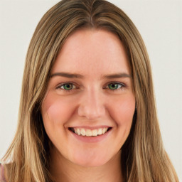 Joyful white young-adult female with long  brown hair and green eyes