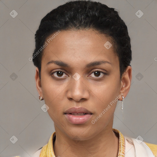 Neutral latino young-adult female with short  black hair and brown eyes