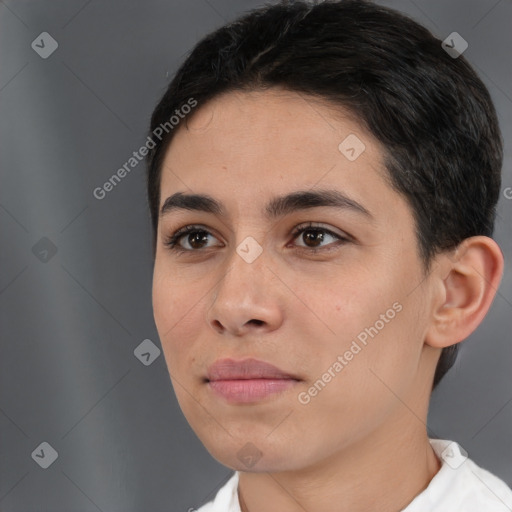 Neutral white young-adult female with short  brown hair and brown eyes