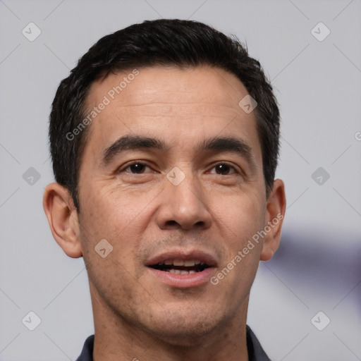 Neutral white adult male with short  black hair and brown eyes