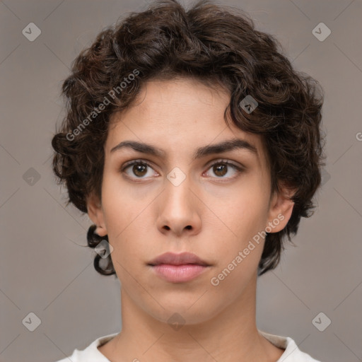 Neutral white young-adult female with medium  brown hair and brown eyes