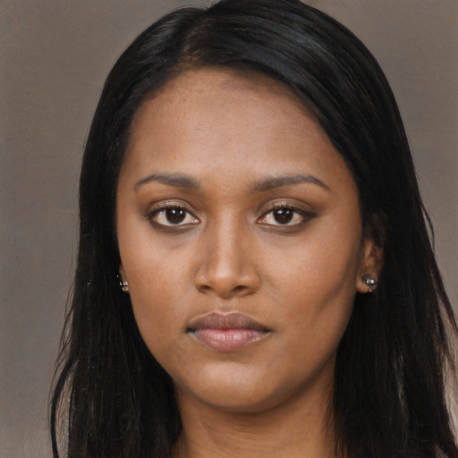 Neutral asian young-adult female with long  black hair and brown eyes
