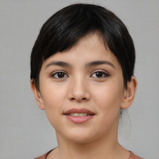 Joyful white young-adult female with short  black hair and brown eyes