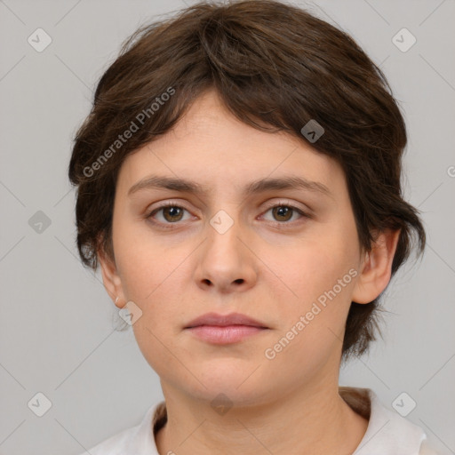 Neutral white young-adult female with medium  brown hair and brown eyes