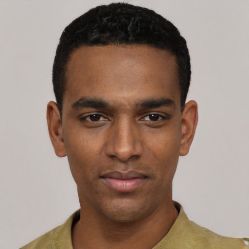 Neutral black young-adult male with short  black hair and brown eyes