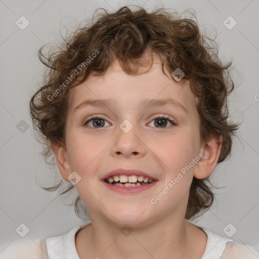 Joyful white child female with medium  brown hair and brown eyes