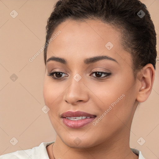 Joyful white young-adult female with short  brown hair and brown eyes