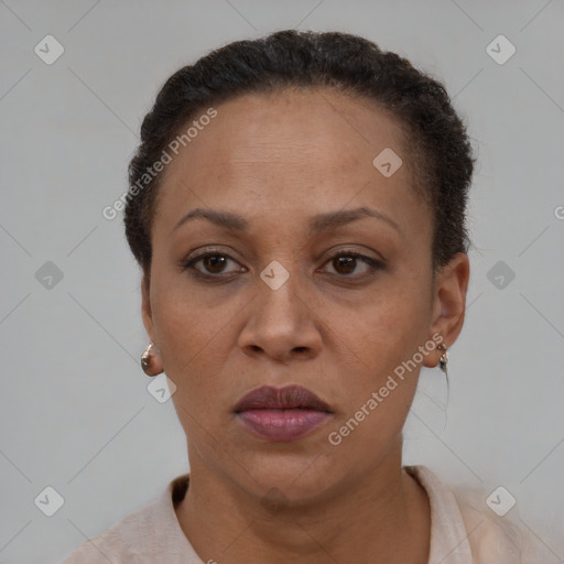 Neutral black adult female with short  brown hair and brown eyes