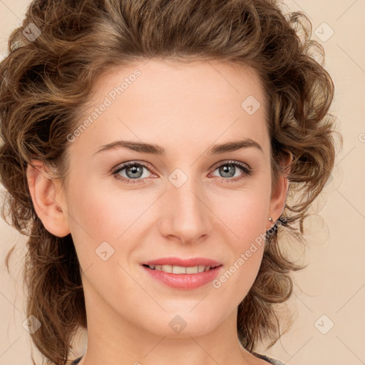 Joyful white young-adult female with medium  brown hair and green eyes