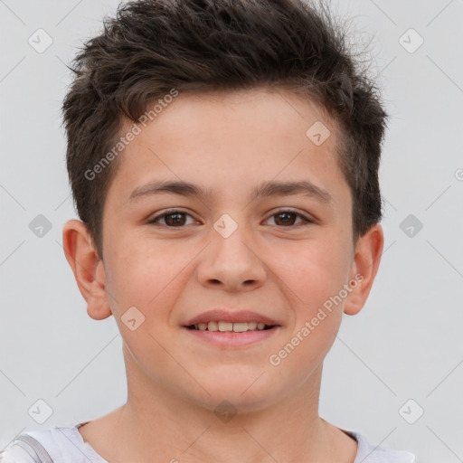 Joyful white child male with short  brown hair and brown eyes