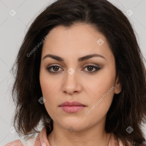 Neutral white young-adult female with medium  brown hair and brown eyes