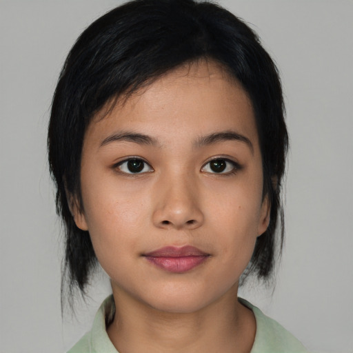 Neutral asian young-adult female with medium  black hair and brown eyes