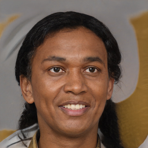 Joyful black adult male with short  black hair and brown eyes