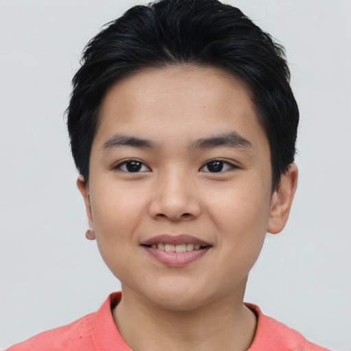 Joyful asian young-adult female with short  brown hair and brown eyes