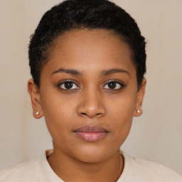 Neutral black young-adult female with short  black hair and brown eyes