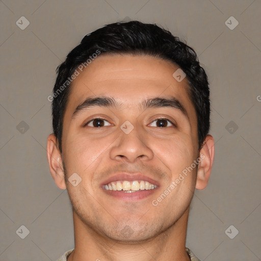 Joyful white young-adult male with short  black hair and brown eyes