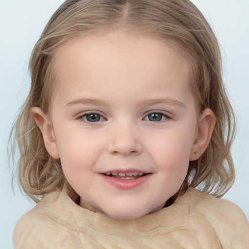 Joyful white child female with medium  brown hair and blue eyes