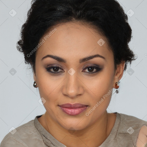 Joyful latino young-adult female with short  brown hair and brown eyes