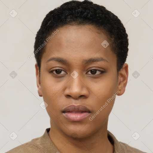 Neutral black young-adult female with short  black hair and brown eyes