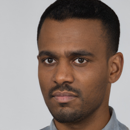 Neutral black young-adult male with short  black hair and brown eyes