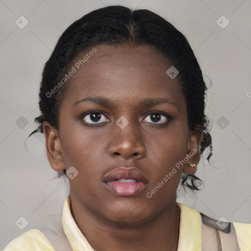 Neutral black young-adult female with short  brown hair and brown eyes