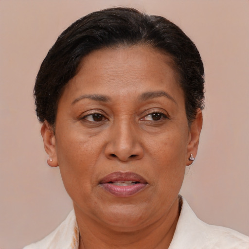 Joyful latino adult female with short  brown hair and brown eyes