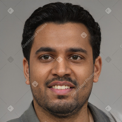 Joyful latino young-adult male with short  black hair and brown eyes