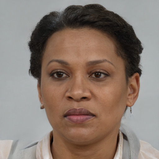 Joyful black adult female with short  brown hair and brown eyes