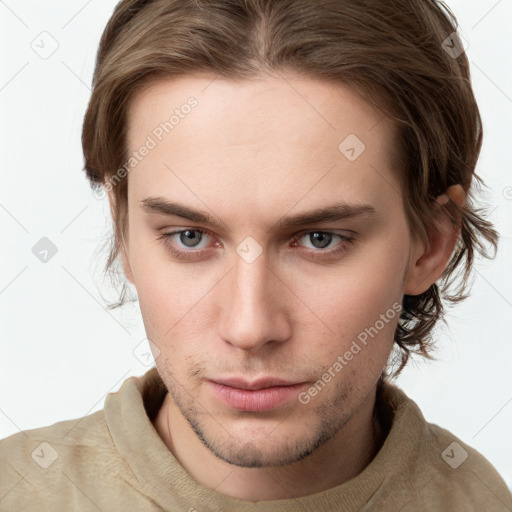 Neutral white young-adult male with short  brown hair and grey eyes