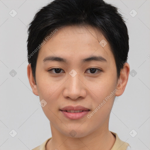 Joyful asian young-adult female with short  brown hair and brown eyes