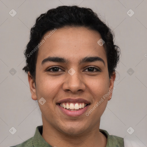 Joyful latino young-adult female with short  brown hair and brown eyes