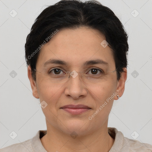 Joyful white adult female with short  brown hair and brown eyes