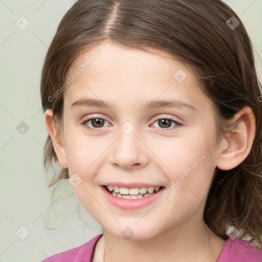 Joyful white child female with medium  brown hair and brown eyes