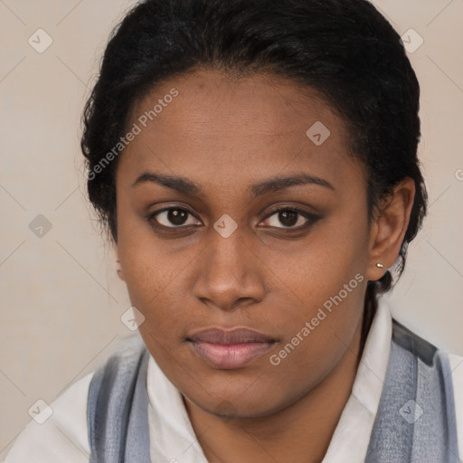 Neutral black young-adult female with medium  brown hair and brown eyes