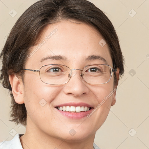 Joyful white adult female with medium  brown hair and brown eyes