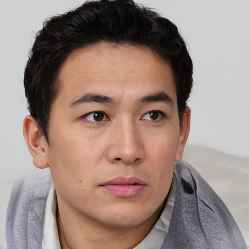 Neutral asian young-adult male with short  brown hair and brown eyes