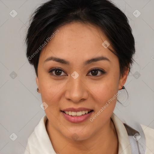 Joyful latino young-adult female with medium  brown hair and brown eyes