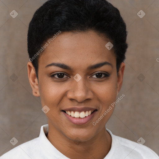 Joyful latino young-adult female with short  black hair and brown eyes