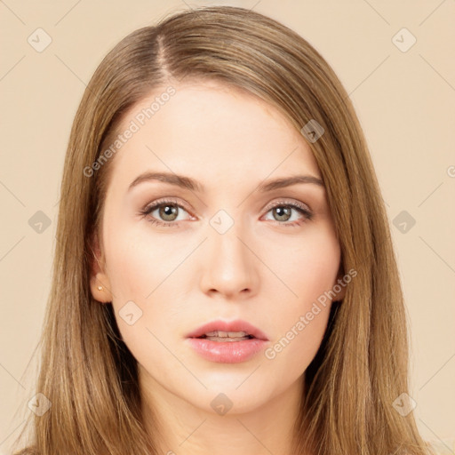 Neutral white young-adult female with long  brown hair and brown eyes